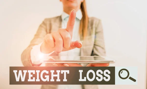 Writing note showing Weight Loss. Business photo showcasing the fact of a demonstrating or animals body weight becoming less Digital business concept with business woman. — Stock Photo, Image