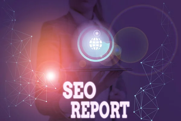 Schrijfbriefje met Seo Report. Zakelijke foto presentatie kennisgevende over hoe de website presteert in zoekmachine resultaten. — Stockfoto