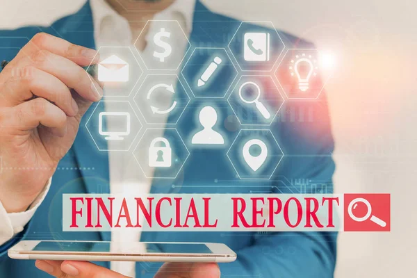 Pénzügyi jelentést mutató szöveges jel. Fogalmi fotó formális nyilvántartások a pénzügyi tevékenységek egy vállalkozás. — Stock Fotó