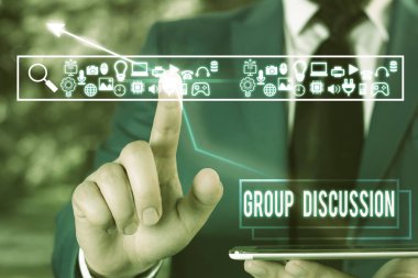 Handwriting text Group Discussion. Concept meaning gather either formally or informally to bring up ideas.