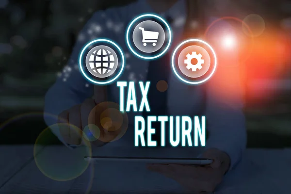 Tekst schrijven Belastingaangifte. Bedrijfsconcept voor financiële informatie van de belastingplichtige Fiscale Aansprakelijkheid en Betalingsrapport. — Stockfoto