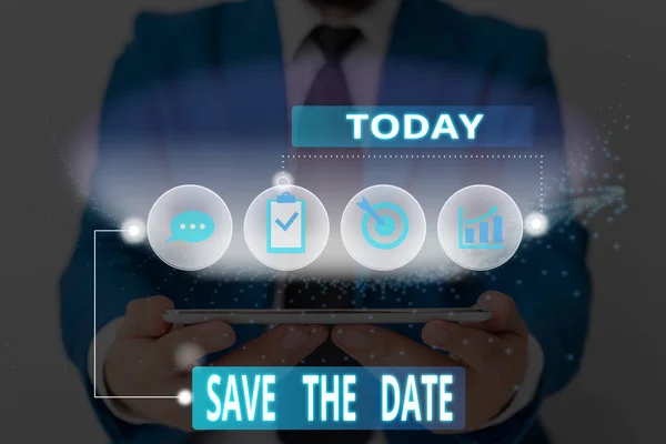 Texto de escrita de palavras Save The Date. Conceito de negócio para eventos sistematizados Atividade programada Gravado Arquivado . — Fotografia de Stock