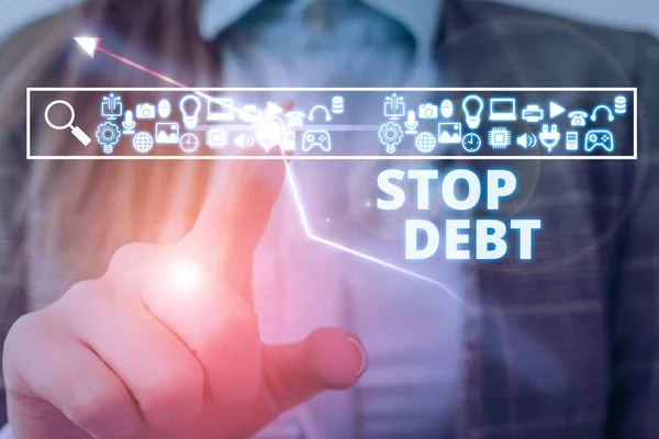 Pismo odręczne Stop Dług. Pojęcie "znaczenie" nie oznacza posiadania pieniędzy ani rzeczy na rzecz żadnej osoby fizycznej lub firmy.. — Zdjęcie stockowe