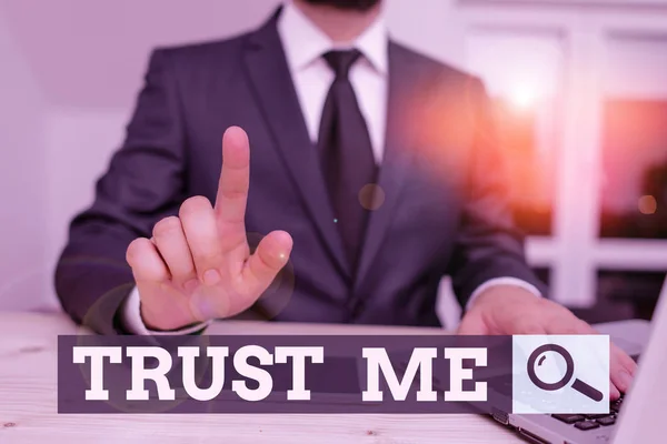 Conceptual hand writing showing Trust Me. Business photo showcasing Believe Have faith in other demonstrating Offer support assistance Male human wear formal clothes present use hitech smartphone. — Stock Photo, Image