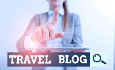 Writing note showing Travel Blog. Business photo showcasing Sharing thoughts and experiences of the places around the world Digital business concept with business woman.