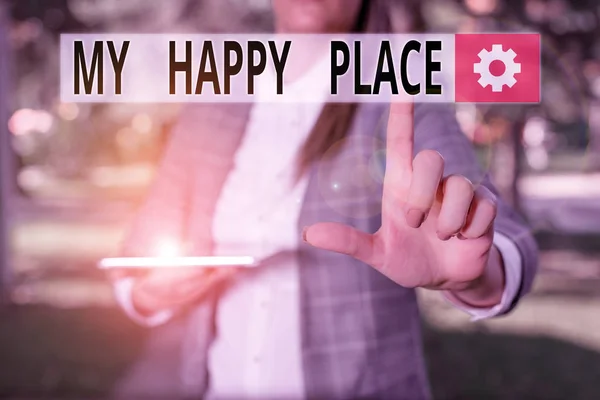 Writing note showing My Happy Place. Business photo showcasing Space where you feel comfortable happy relaxed inspired Outdoor scene with business woman holds lap top with touch screen.