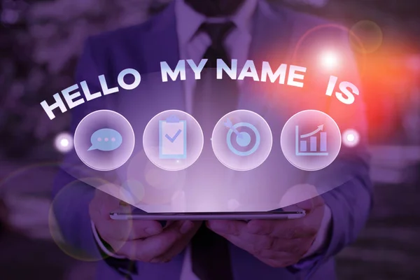 Text sign showing Hello My Name Is. Conceptual photo introducing yourself to new showing workers as Presentation.