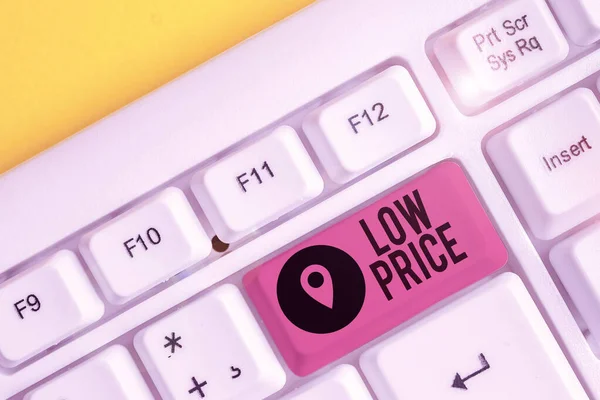 Writing note showing Low Price. Business photo showcasing Price are the lowest in relation to other things of same kind White pc keyboard with note paper above the white background.