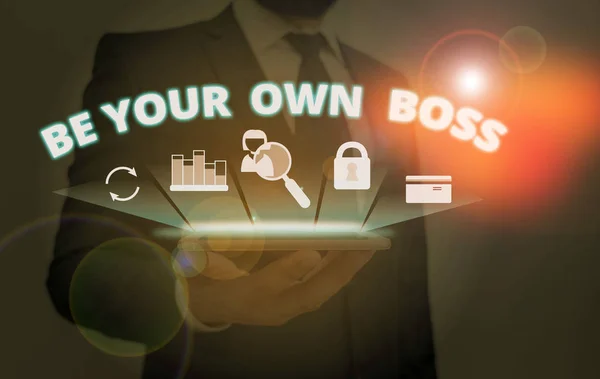 Writing note showing Be Your Own Boss. Business photo showcasing Entrepreneurship Start business Independence Selfemployed. — Stockfoto