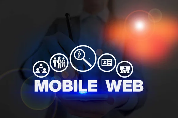 Texto de caligrafia Mobile Web. Conceito que significa serviços de internet baseados em navegadores acessados a partir de dispositivos móveis portáteis . — Fotografia de Stock
