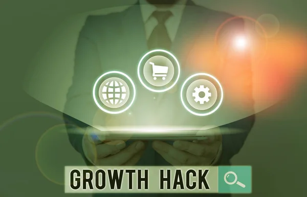 Writing note showing Growth Hack. Business photo showcasing generally to acquire as analysisy users or customers as possible.