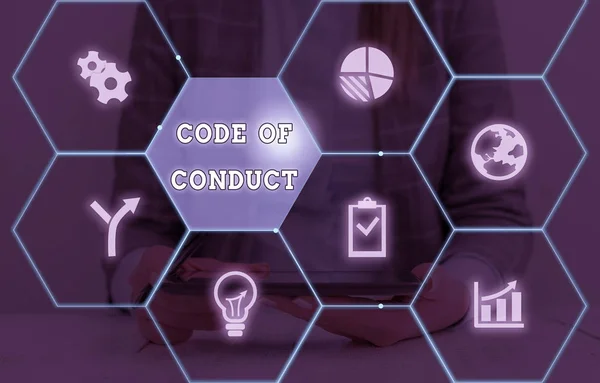 Writing note showing Code Of Conduct. Business photo showcasing Ethics rules moral codes ethical principles values respect.