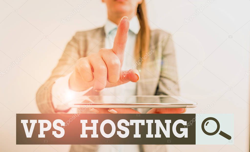 Writing note showing Vps Hosting. Business photo showcasing mimics a dedicated server within a shared hosting environment Digital business concept with business woman.