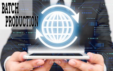 Handwriting text Batch Production. Concept meaning products are analysisufactured in groups called batches.