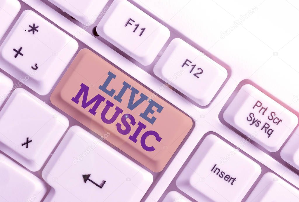 Handwriting text writing Live Music. Concept meaning perforanalysisce given by one or more singers or instrumentalists White pc keyboard with empty note paper above white background key copy space.