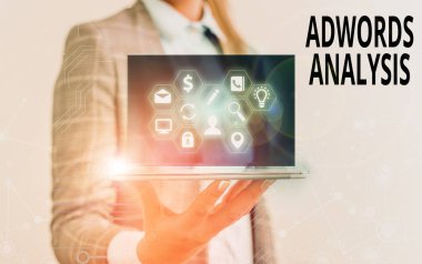Metin işareti Adwords Analizini gösteriyor. Kavramsal fotoğraf izleme kampanyaları ve reklamlarda yatırım geri dönüşlerinin sağlanması.
