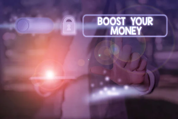 Znak tekstowy Wyświetlono Boost Your Money. Koncepcyjne zdjęcie wzrost banku oszczędności za pomocą skutecznych metod. — Zdjęcie stockowe
