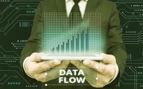 Nota de escritura que muestra Data Flow. Foto comercial que muestra el movimiento de los datos a través de un sistema compuesto por software . —  Fotos de Stock