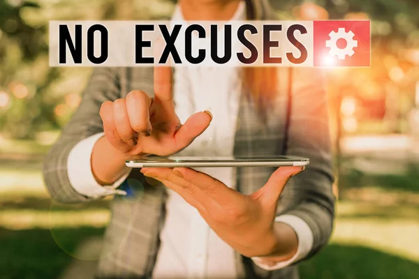 Text sign showing No Excuses. Conceptual photo should not happen or expressing disapproval that it has happened Outdoor scene with business woman holds lap top with touch screen. — Stockfoto