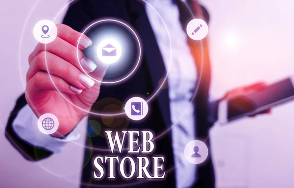 Signo de texto que muestra Web Store. Los consumidores de fotos conceptuales compran directamente bienes o servicios de un vendedor en línea . — Foto de Stock