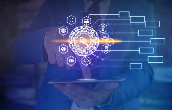 Foto di sistema di rete in tecnologia moderna dispositivo gadget intelligente. Illustrata icona immagine simbolo di rete intricata informazioni tecniche di telecomunicazioni conoscenza — Foto Stock