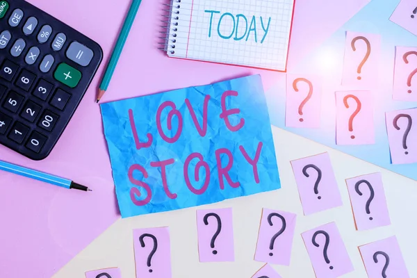 Handwriting text writing Love Story. Concept meaning it is something such as a novel or movie about a love affair Mathematics stuff and writing equipment above pastel colours background.