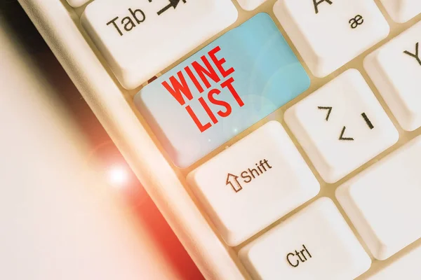 Writing note showing Wine List. Business photo showcasing menu of wine selections for purchase typically in a restaurant.