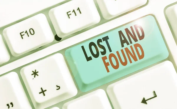 Konceptualne pismo "Zagubionych i znalezionych". Biznes zdjęcie tekst Miejsce, gdzie można znaleźć zapomniane rzeczy Usługi wyszukiwania. — Zdjęcie stockowe