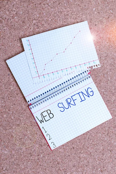 Text sign showing Web Surfing. Conceptual photo Jumping or browsing from page to page on the internet webpage Desk notebook paper office cardboard paperboard study supplies table chart. — Stock Photo, Image