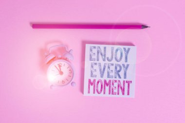 Kelime yazma metni Her anın tadını çıkar. Hayatınızdan memnun olmak için iş konsepti Eğlenmenize bakın Değerli zaman Metal çalar saat Uyandırma boş not defteri işaretleyici renkli arkaplan.