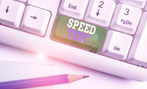 Text sign showing Speed Test. Conceptual photo psychological test for the maximum speed of performing a task White pc keyboard with empty note paper above white background key copy space.