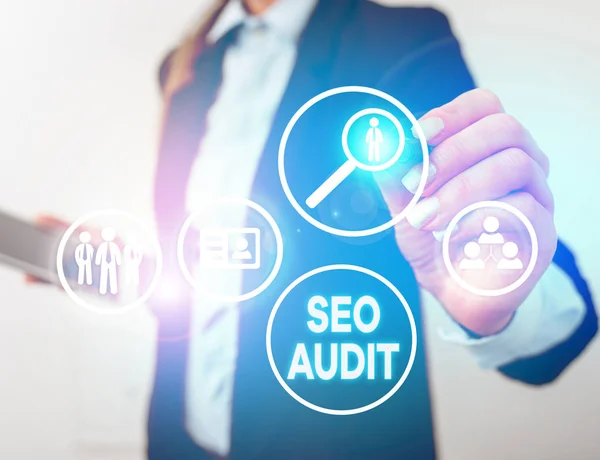 Skrivtext Seo Audit. Begreppet betyder sökmotoroptimering validera och verifiera processen. — Stockfoto