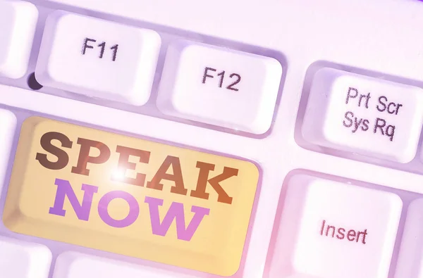 Text sign showing Speak Now. Conceptual photo Communicate to us your feelings and information Voice out.