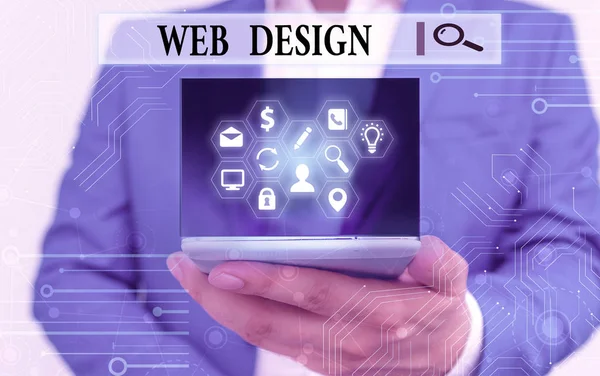 Sinal de texto mostrando Web Design. Foto conceitual Desenvolvimento de sites Concepção e processo de criação de sites . — Fotografia de Stock