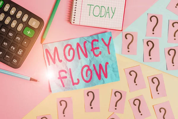 Handwriting text writing Money Flow. Concept meaning the increase or decrease in the amount of money a business Mathematics stuff and writing equipment above pastel colours background.