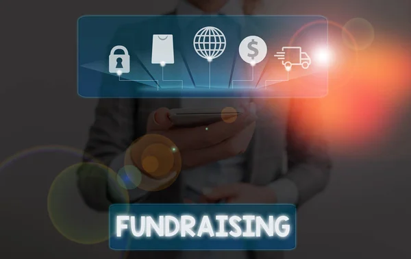 Conceptual hand writing showing Fundraising. Business photo text act of collecting or producing money for a particular purpose. — Stock Photo, Image