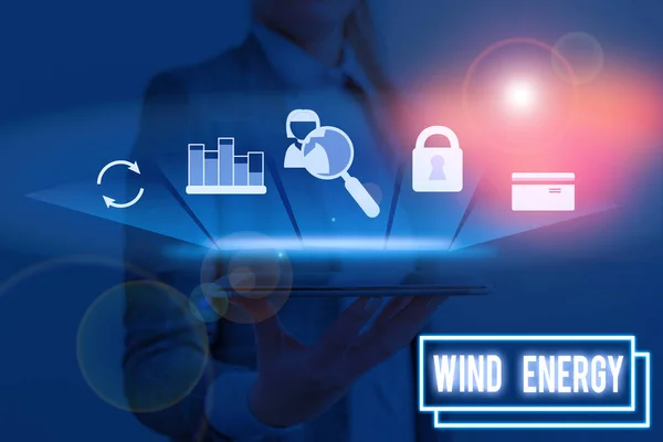 Tekst pisania słów Energia wiatrowa. Koncepcja biznesowa procesu, w którym energia wiatrowa jest wykorzystywana do wytwarzania energii elektrycznej. — Zdjęcie stockowe