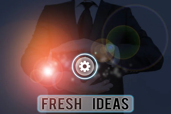 Text sign showing Fresh Ideas. Conceptual photo the thought or suggestion as to possible course of action. — Stock Photo, Image