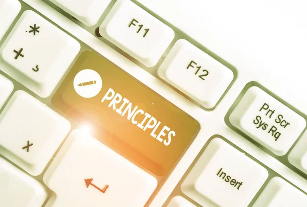 Text sign showing Principles. Conceptual photo fundamental truth that serves as the base for a system of belief White pc keyboard with empty note paper above white background key copy space. — Stock Photo, Image
