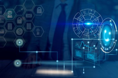 Modern teknoloji akıllı aygıtında ağ sisteminin fotoğrafı. Şematik ağ haberleşme bilgisinin resimli resim simgesi