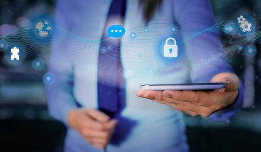 Modern teknoloji akıllı aygıtında ağ sisteminin fotoğrafı. Şematik ağ haberleşme bilgisinin resimli resim simgesi