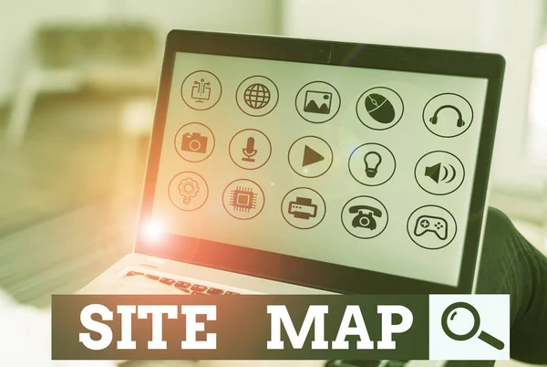 Nota de escritura que muestra el mapa del sitio. Exhibición de fotos de negocios diseñada para ayudar tanto a los usuarios como a los motores de búsqueda a navegar por el sitio . —  Fotos de Stock