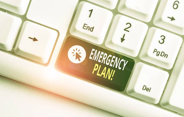 Word writing text Emergency Plan. Business concept for actions developed to mitigate damage of potential events White pc keyboard with empty note paper above white background key copy space. — Stock Photo, Image