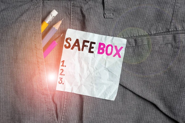 Word writing text Safe Box. Business concept for A small structure where you can keep important or valuable things Writing equipment and blue note paper inside pocket of man work trousers.