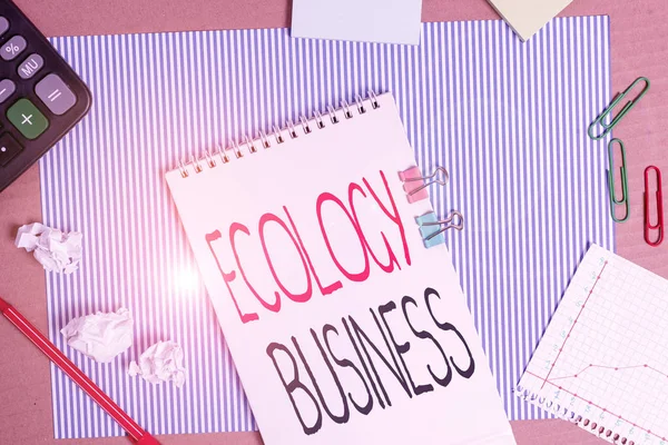 Writing note showing Ecology Business. Business photo showcasing global ecology and environment protection business Striped paperboard notebook cardboard office study supplies chart paper. — Stock Photo, Image