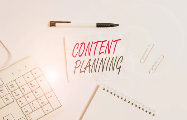 Text sign showing Content Planning. Conceptual photo establish a fluid workflow around the creation of content White pc keyboard with empty note paper and pencil above white background.