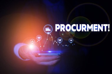 El yazısı metin Procurment. Kavram askeri teçhizat ve malzeme edinme eylem anlamı Kadın akıllı cihaz kullanarak sunum sunan resmi iş elbisesi giymek.