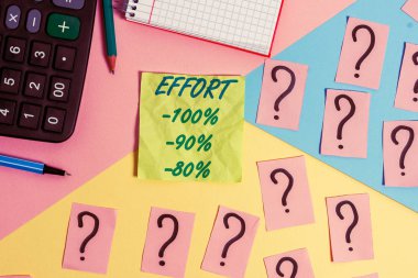Metin tabelasına göre Çaba% 100% 90% 80. Kavramsal fotoğraf düzeyi kararlılık disiplin motivasyon matematiksel şeyler ve yazı ekipmanları Pastel renklerin üzerinde arka plan.