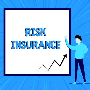 Kelime yazma metin Risk Sigorta. Sorumluluk kapsamına karşı Kayıp Hasar olasılığı için iş konsepti Boş dikdörtgen Geometrik arka planı işaret eden genç adam.