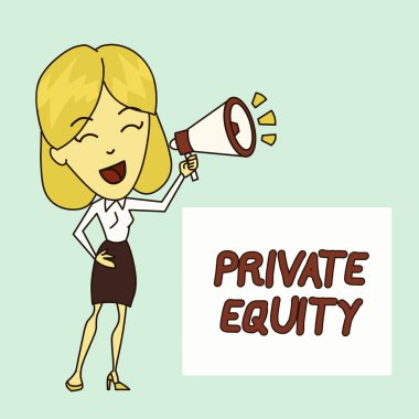 Private Equity'i gösteren bir not yazıyorum. Blowhorn Renkli Backgdrop Metin Kutusu'nda konuşan bir kamu borsası Yatırımlar Genç Kadın listelenen değil Sermaye vitrine.